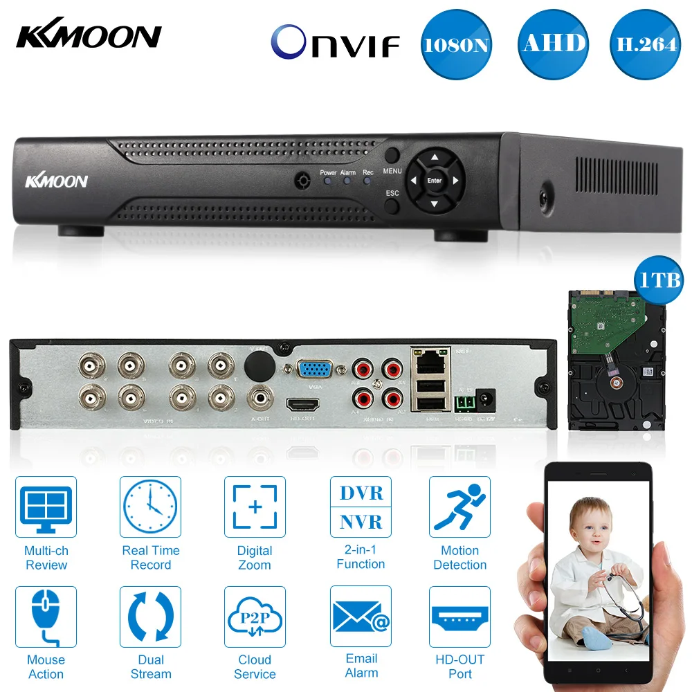 KKmoon Full 1080N/720P 8CH AHD DVR NVR+ 1 ТБ Seagate HDD HDMI P2P Onvif PNP 8CH AHD DVR рекордер для камера видеонаблюдения системы безопасности