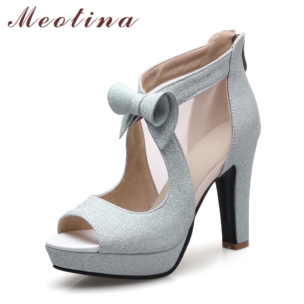 Meotina Women Shoes High Heels Platform Shoes Bow Peep Toe Pumps Sexy High Heel Party Shoes Silver Size 33-43 sapatos femininos allbitefo hot sale patent leather high heels platform women pumps high heel shoes women shoes spring shoes sapatos femininos