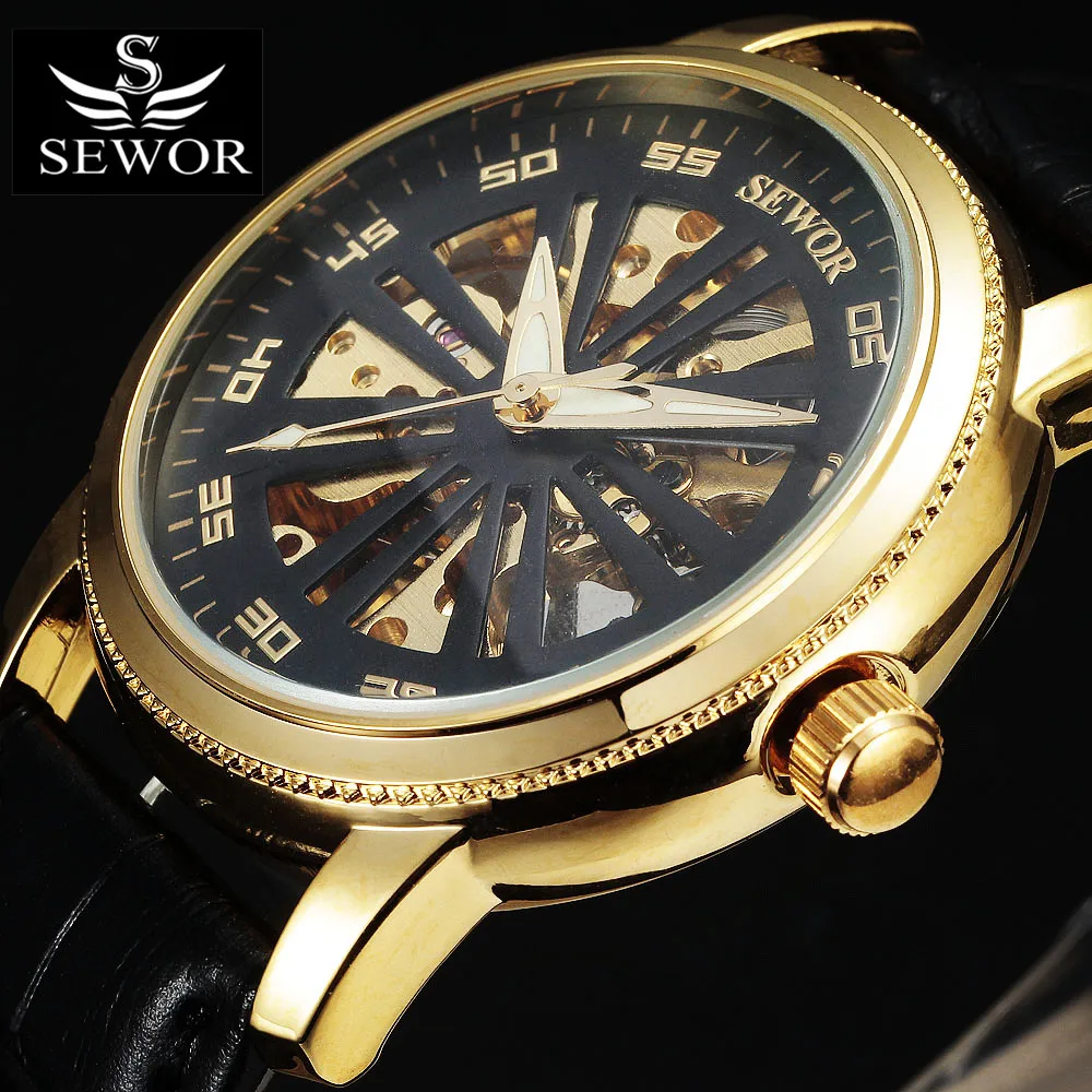 

2016 New Luxury Brand Sewor Fashion Automatic Mechanical Men Watch Unique Cut Gold Skeleton Dial Leather Strap Male Wristwatches