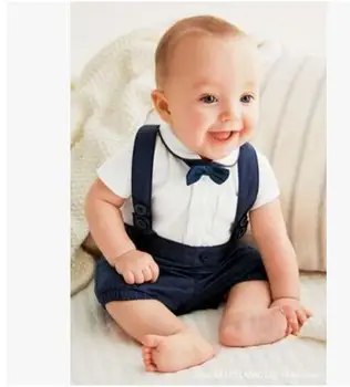 

0-2T New baby boy clothing fashion Gentleman modelling suit baby white short-sleeved T-shirt+strap pants 2/pcs baby boy clothes