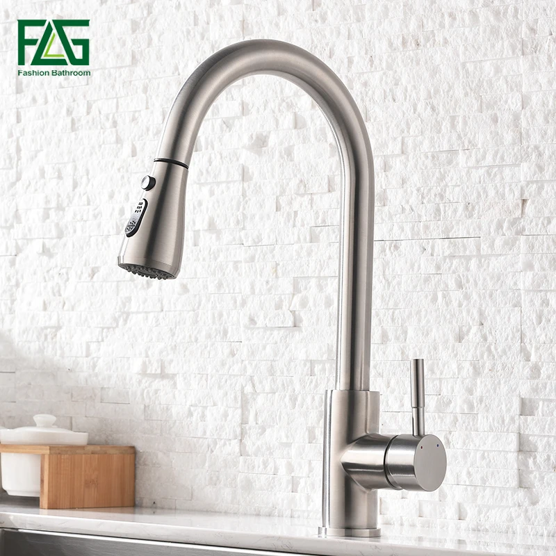 FLG Kitchen Mixer Brushed Pull Out Kitchen Faucet Deck Mount Kitchen Sink Faucet Mixer Cold Hot Water Torneira Cozinha Rotate