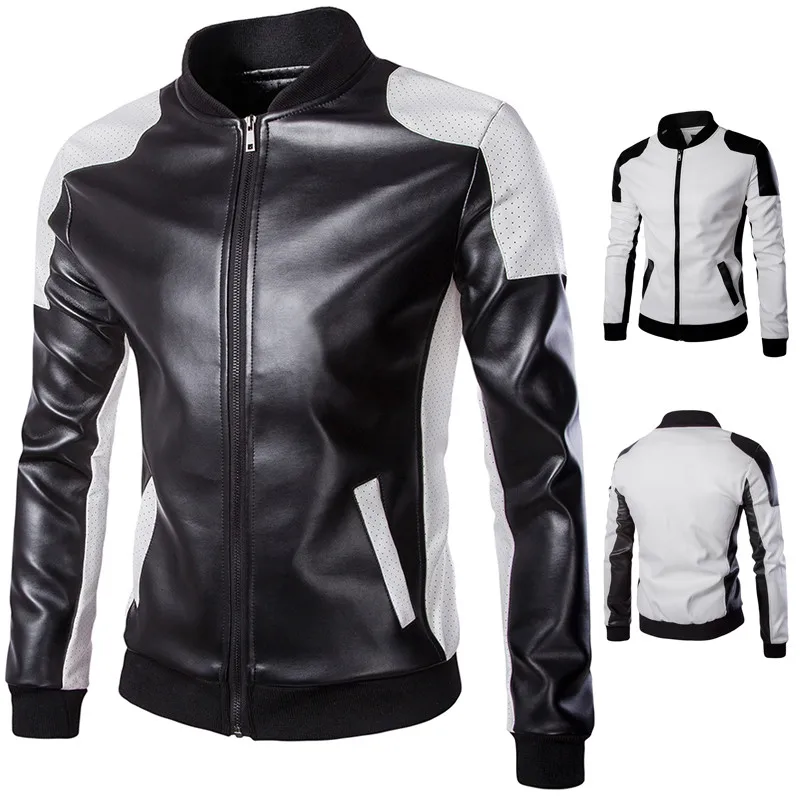 

Leather jacket brand clothing fashion black white slim jacket men's motorcycle stand collar stitching imitation leather jacket
