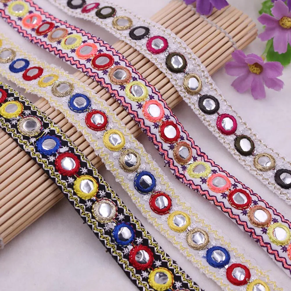 

1 Yard 2cm Ethnic Mirror Embroidered Webbing Indian Trim DIY Handmade Sewing Net Yarn Ribbons Clothing Decorative Lace Trim 2019