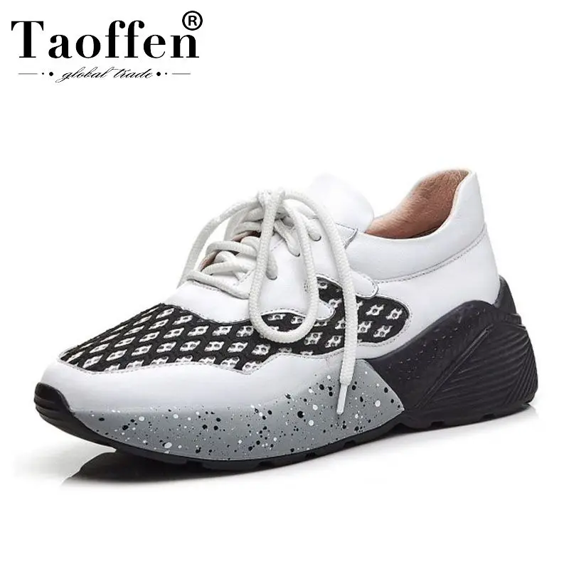 

TAOFFEN Casual Women Sneaker Real Leather Designer Shoes Women Black Mesh Wedges Sneakers Damping Walk Footwear Size 35-39
