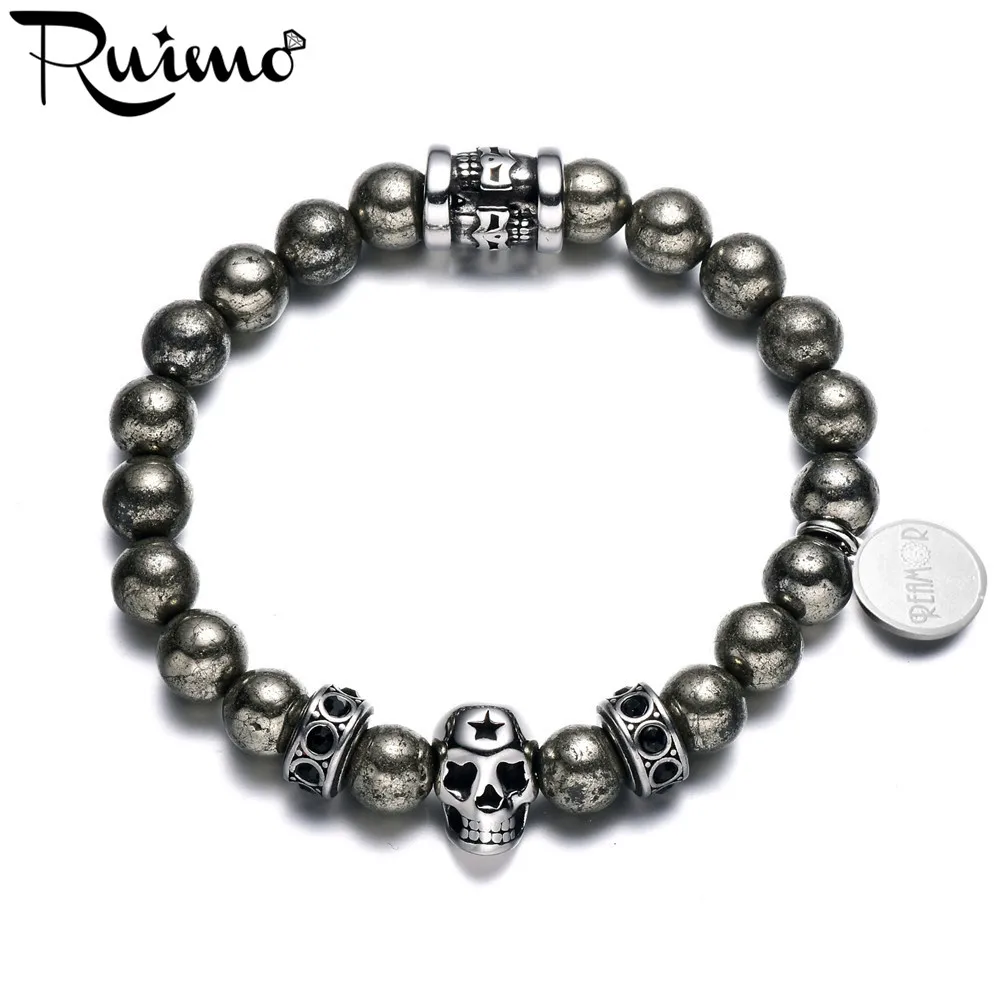 

RUIMO Punk Style Natural Iron Pyrite Stone Men Strand Bracelet Stainless Steel Skull Head Beads Elastic Cuff Bracelets Jewelry