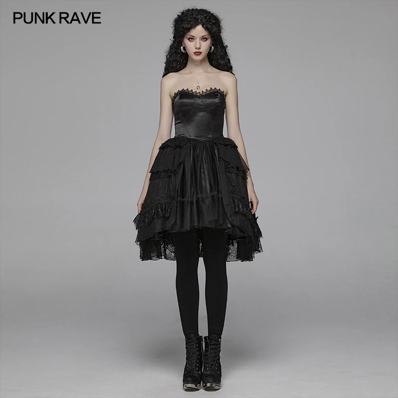 

PUNK RAVE Women's Lolita Multilayer Irregular Mercerizing Tube Top Dress with Lace Chiffon Mesh Sexy Mini Dress