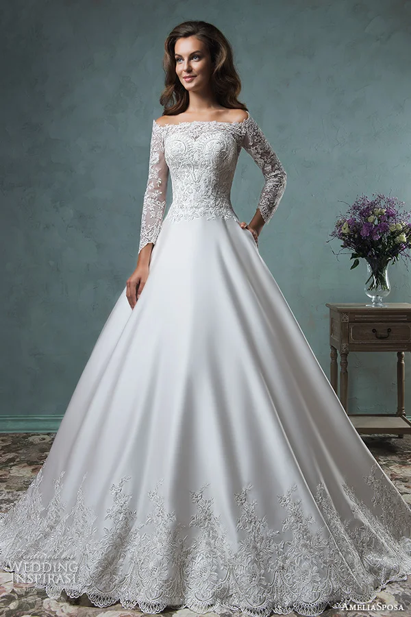 ZY183 Elegant Long White Wedding Dress 2016 Boat Neck Lace Appliques ...