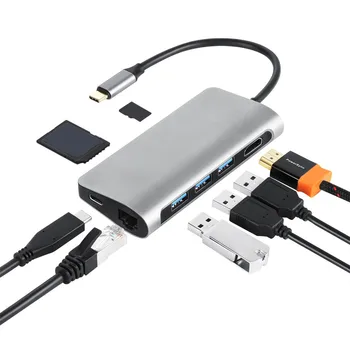 

USB C to Type C 8in1 USB 3.0 HDMI RJ45 Ethernet Micro SD TF Card Reader Hub for MacBook Samsung Galaxy S9 Huawei Mate 20 P20 Pro