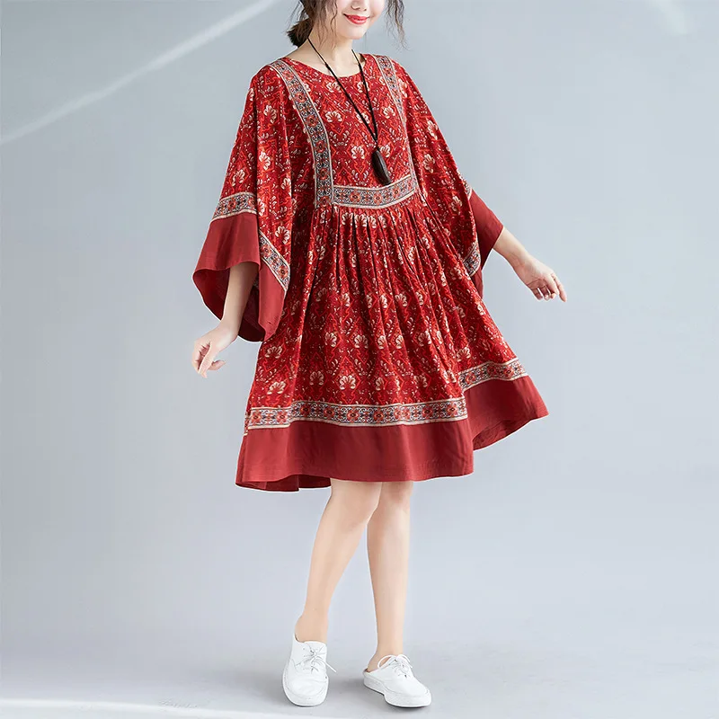 

Johnature Summer Dresses 2019 New Bohemian Red Floral Print O-neck Batwing Wrist Sleeve Female Casual Korean Comfortable Dress