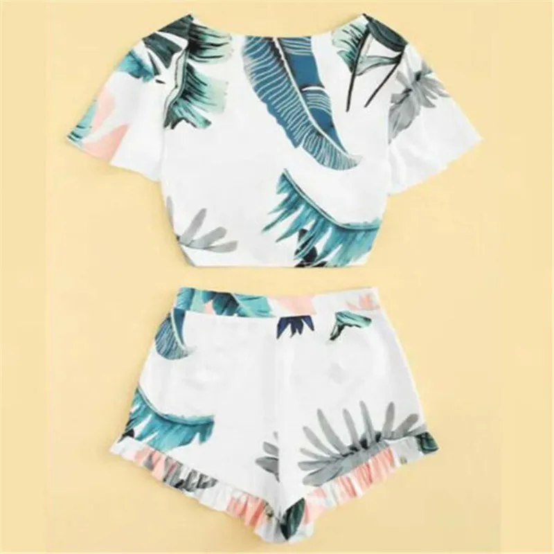 Летний женский модный комплект из 2 предметов с цветочным принтом укороченный