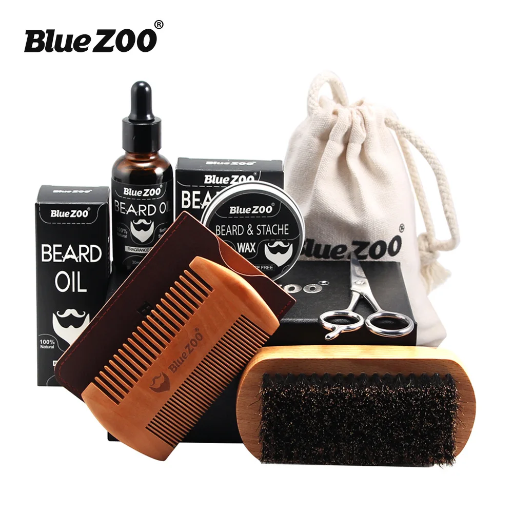 Cuidados para Homens de Barba Cera de Óleo Conjunto de Cuidados Kit com Barba 7 Pçs e set Barba Escova Pente Tesoura Grooming & Corte Kit Masculino Barba