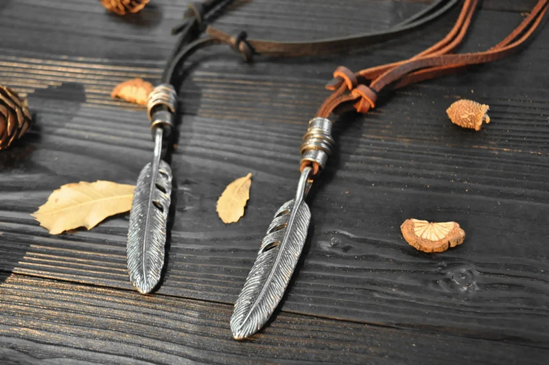 NIUYITID Feather Leather Necklace Pendant For Men Women Genuine Leather Rope Chain Jewelry Long Collares Handmade   (11)