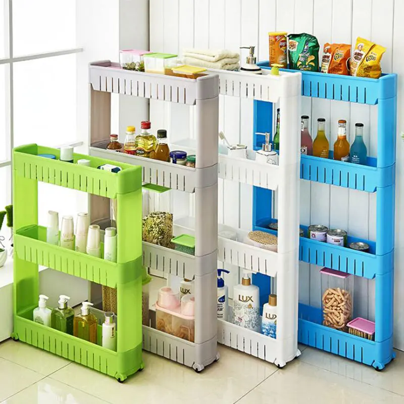 

4-layer Movable Plastic Interspace Storage Rack Refrigerator Space Rack with Roller Shelves Kitchen Bathroom Shelf