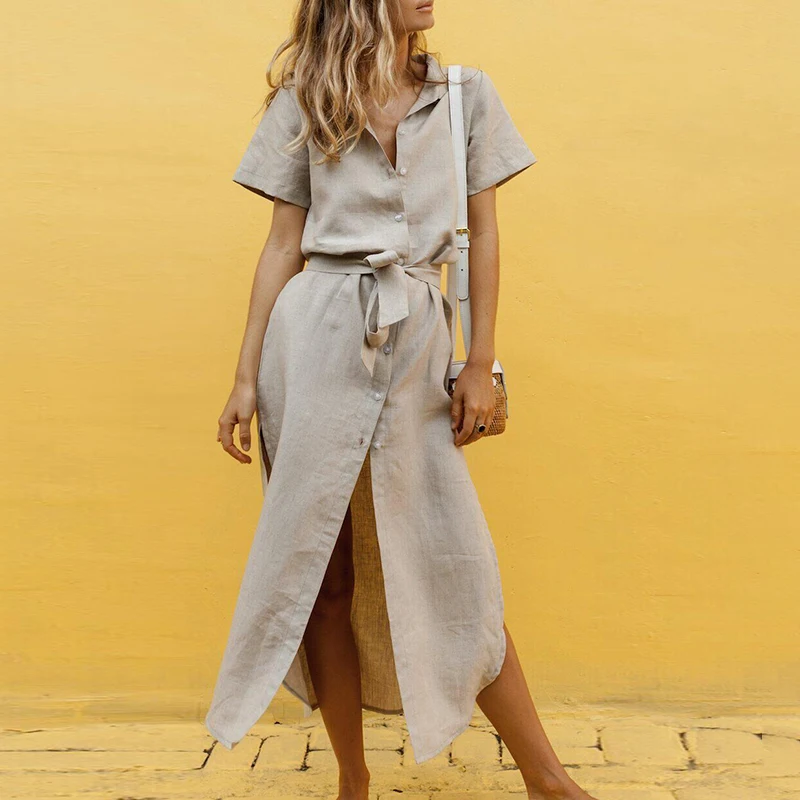 

Women Beach Ladies Party Summer Dress Loose Solid color Evening V-neck Lapel