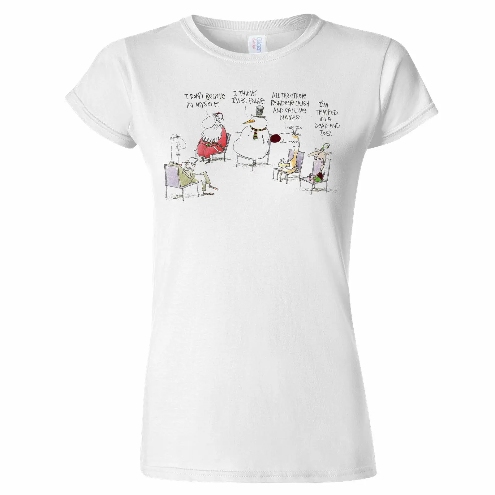 

Xmas Psychiatry Christmas Design Womens T Shirt Reindeer Snowman Elf Santa 100% Cotton Short Sleeve O-Neck Tops Tee Shirts