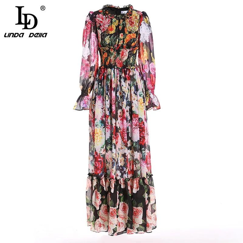 Женские платья макси с поясом LD LINDA DELLA, летнее цветное платье с цветочным принтом, платье с длинным рукавом, вечернее праздничное длинное платье