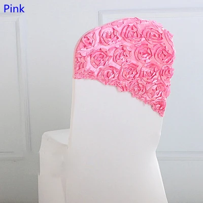 Pink colour embroider rosette satin chair sash wedding decoration chair covers hood lycra band fit all chairs wholesale