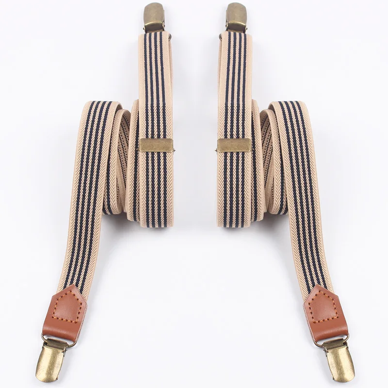 Buy Mantieqingway Striped Suspender Beige&Navy Blue Separate Straps 4 Clips