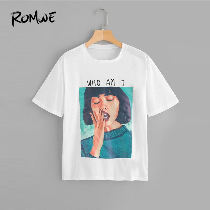 

ROMWE Figure Print Round Neck Tee 2019 New Design Summer Female Casual Top Letter Print Short Sleeve Women Fashion T Shirt