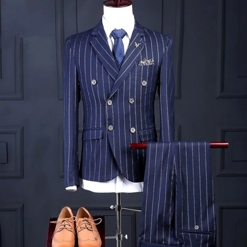 2018 Нарядные Костюмы для свадьбы для Для мужчин Жених Высокое качество Бизнес Повседневное полосатый Дизайн Темно-синие пиджак жилет брюки