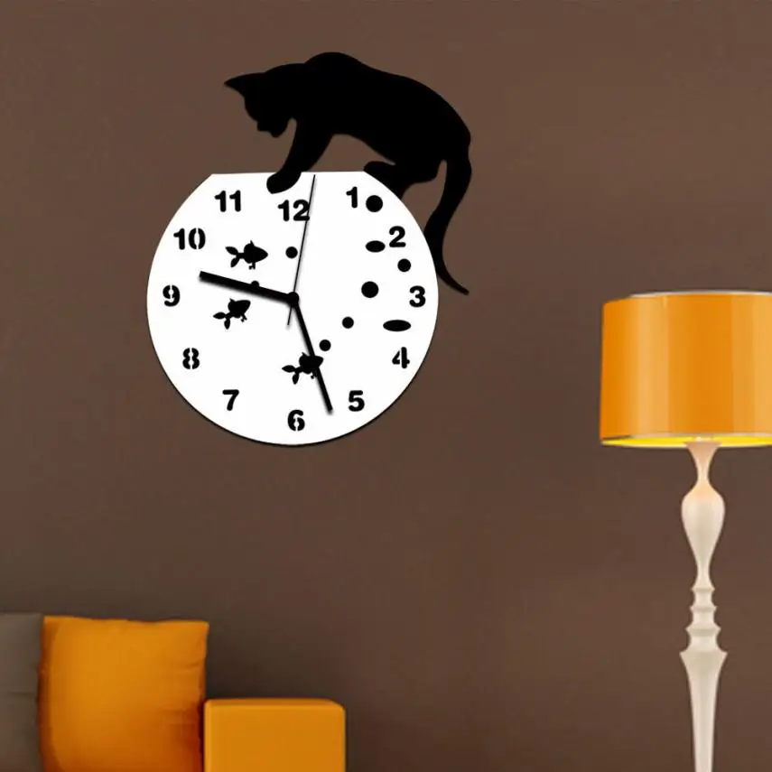 Акриловые часы с кошкой, настенные часы, современный дизайн, домашний декор, настенные часы, стикер august13