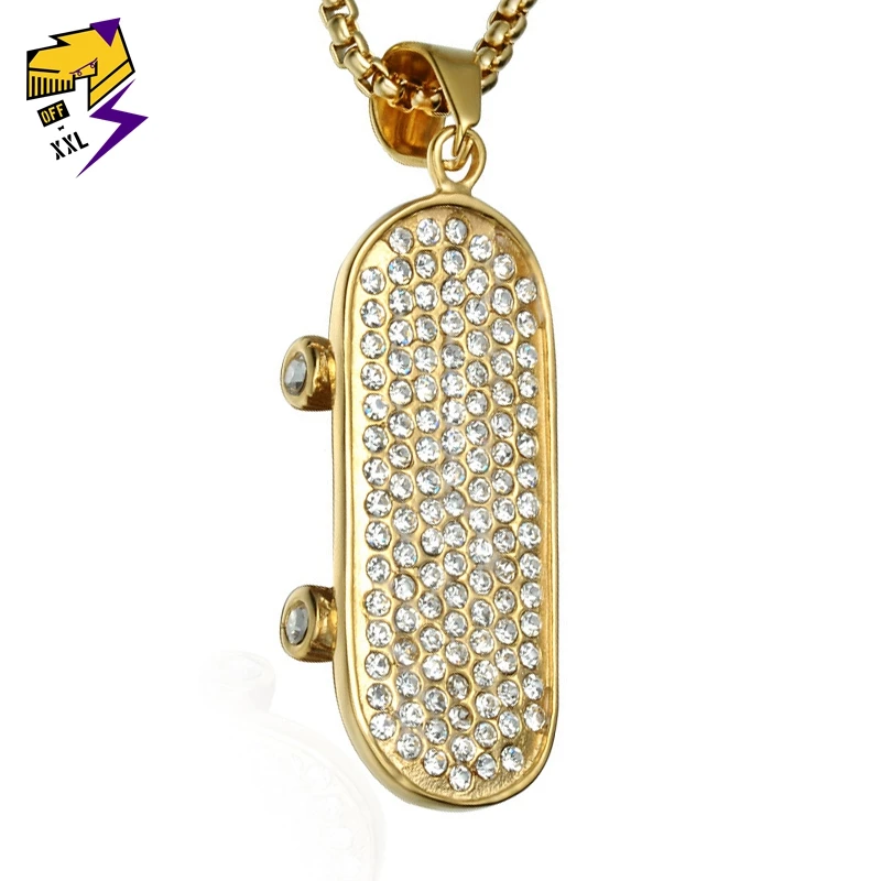

Hip Hop Stainless Steel 3D Skateboard Pendant Rhinestone Gold Tone Iced Out Street Skate Necklaces Mens Jewelry