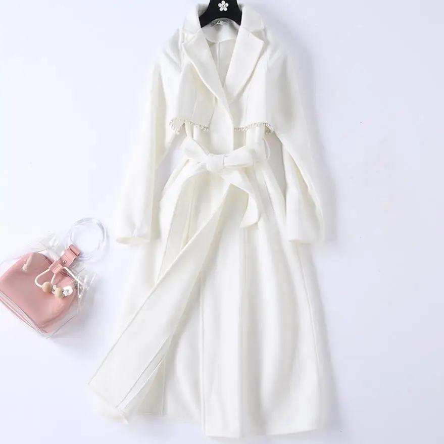 Женское белое шерстяное длинное пальто с бисером, осенне-зимние топы с поясом, длинный рукав, шерсть, Стильное элегантное пальто