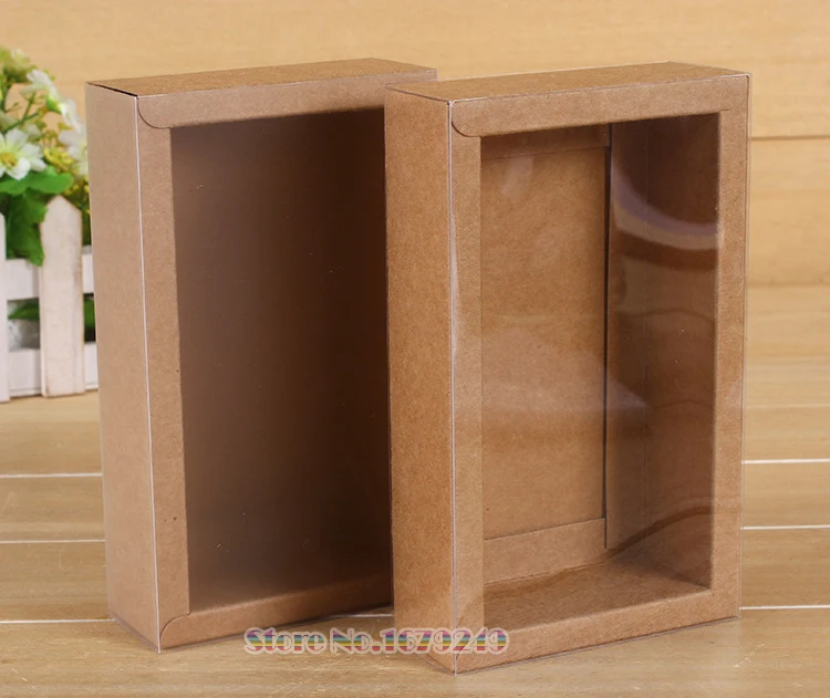 

26x12x6cm Clear Transparent PVC Window Clear Brown paper box with pvc plastic window paper Drawer box gift packing 100pcs/lot