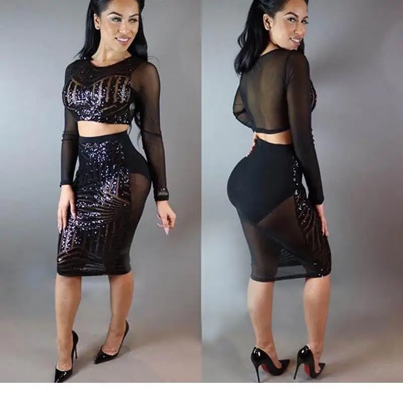 

Sequin Dress Mesh Yarn Splicing Clubwear Party Short Bodycon Bandage Women Long Sleeve Dress Sexy Club Dresses