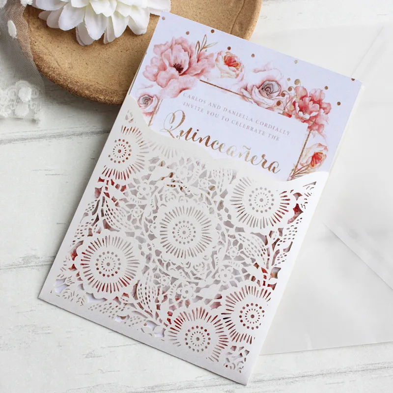 

Pearl white cards invitations wedding birthday custom pocket floral laser invitation shell transparent envelop