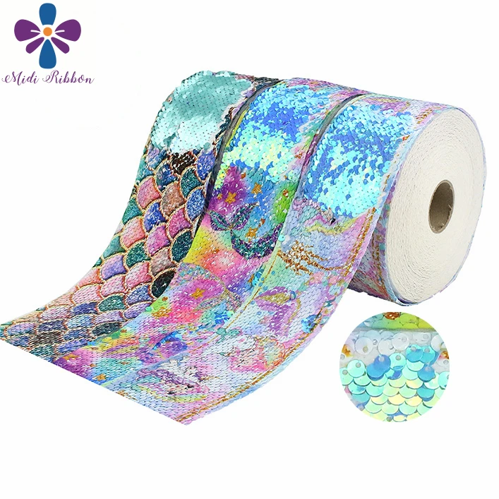 

3"75mm Scale Mermaid Tail Cute Cartoon Girl Printed Double Reversible Lt. Blue&Aqua Sequin Ribbon Shiny DIY Hair Bows 46yards