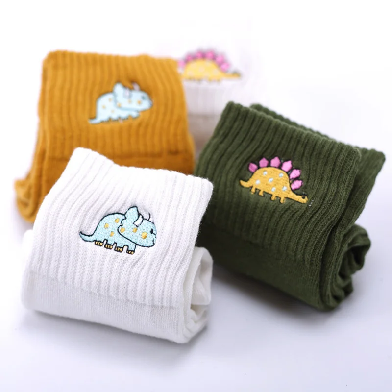 Cute Women Embroidery Dinosaur Cotton Socks Yellow Lovely Cartoon Animal Vintage Short Socks Novelty Crazy Funny Cozy Sock Funky