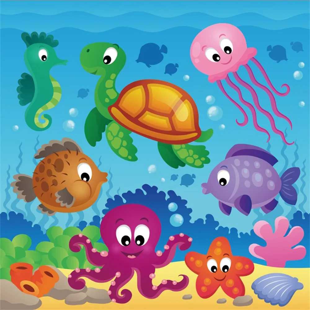 

Laeacco Baby Birthday Party Underwater Fish Tortoise Photography Backgrounds Customized Photographic Backdrops For Photo Studio