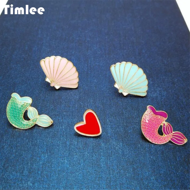 

Timlee X095 Free shipping, New Originality Cute Dripping Oil Mermaid Tail Red Heart Scallop In Shell Alloy Brooch wholesale