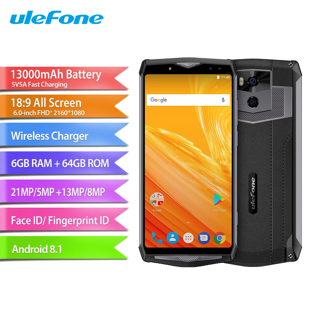 Ulefone 電源 5 携帯電話 6 0 インチ 6 ギガバイトの Ram 64 ギガバイト Rom Mtk6763 オクタコアの Android 8 1 カメラ 21mp 5mp 13000 2600mah 顔 Id スマートフォン Cellphones Aliexpress
