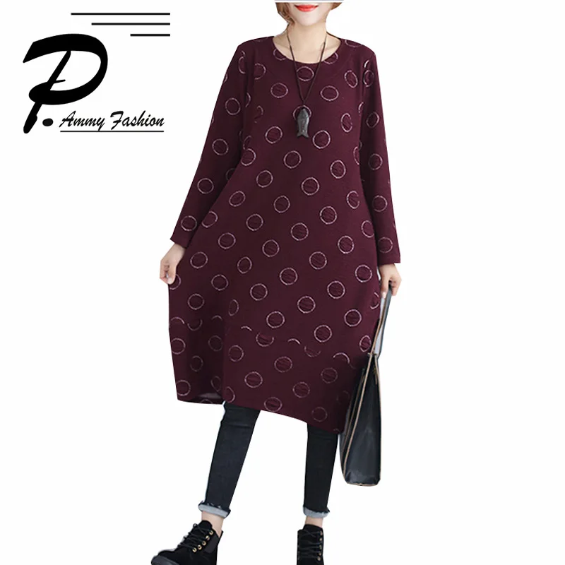 2017 Fashion Plus Size Long Sleeve jacquard Dress Women's Winter Loose Big pocket Tunic Baggy pullover | Женская одежда