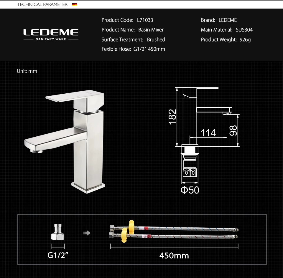 LEDEME смеситель для ванной комнаты, кран для ванной комнаты, кран для горячей и холодной воды, смесители для раковины из нержавеющей стали, одинарный смеситель для воды, краны для воды L71033