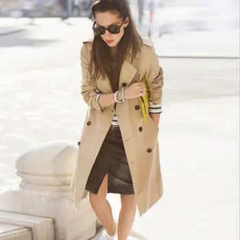 

Women's Long Classic British Windbreaker Double-Breasted Turn-down Collar Trench Coat Office Lady Outwear 2017 High Quality E27