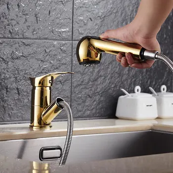 

Brass Gold Faucet Pull Out Spout Kitchen Sink Faucet Pull Out Kitchen Sink Tap Kitchen Mixer