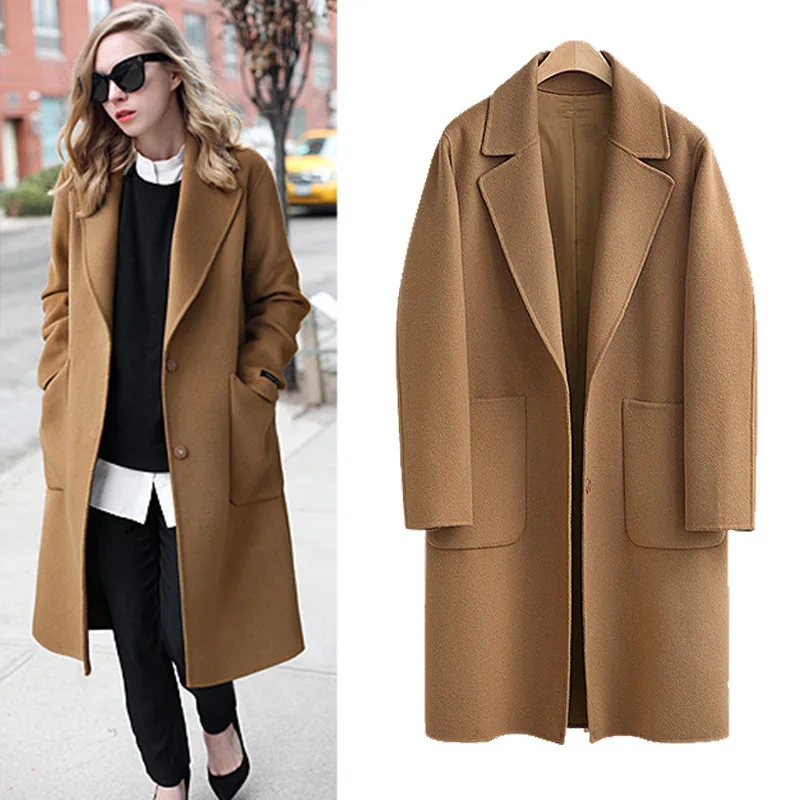 

QMGOOD 2018 Big Size Loose Long Sleeve Winter Wool Coat Women Europe Style Large Size Fashion Autumn Long Woolen Coats 5XL 4XL