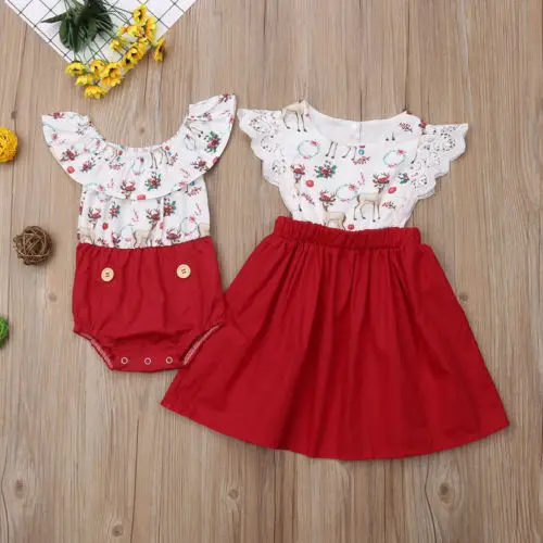 

2018 Pretty Kid Baby Girl Christmas Dress Sister Matching Clothes Girls Lace Fly Sleeves Deer Print Romper Tutu Dress Set 0-6Y