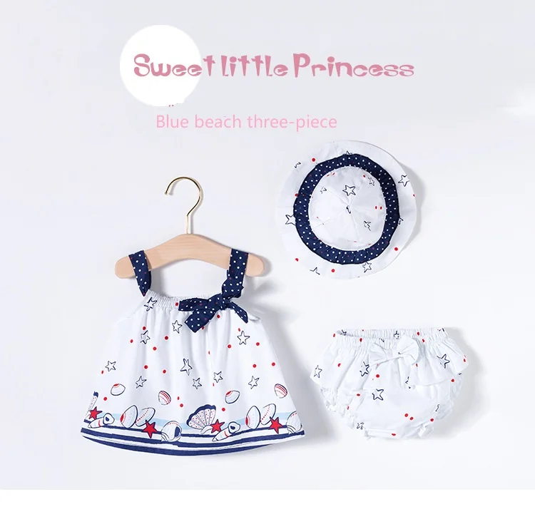 

Dance Butterfly SUMMER BABY GIRLS DRESS Three-piece suit BLUE Beach Sling shell BOW Polka dot CUT SOFT clothing