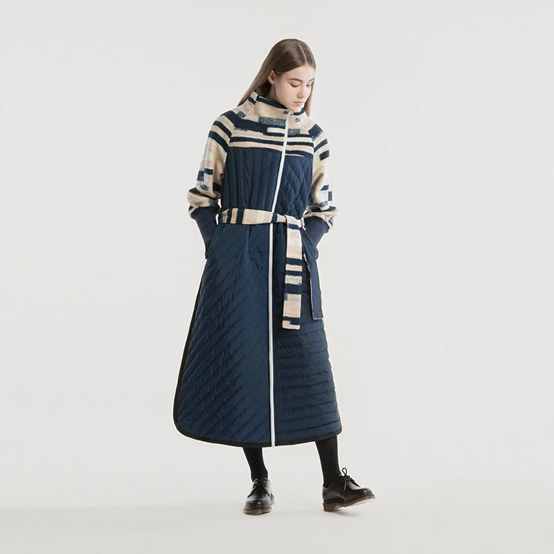 

IRINAY034 Original Design 2018 stand collar wool patchwork winter coat belted loose long white duck down jacket women