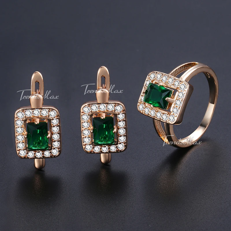 

Stud Earring Ring Set For Women Square Green Stone CZ 585 Rose Gold Filled Paved Clear Cubic Zirconia Jewelry Sets GE141