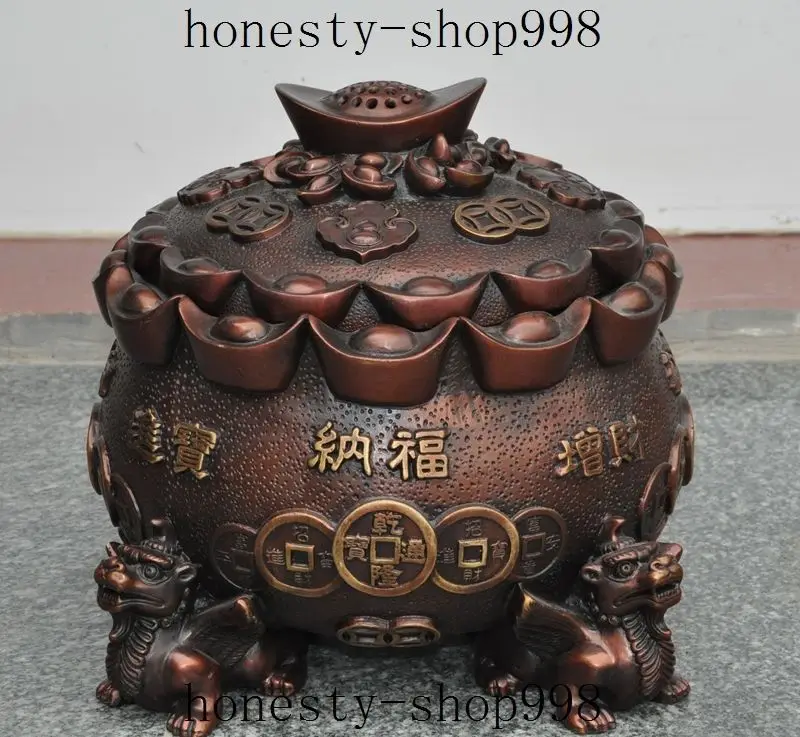 

christmas 11"Chinese Bronze Wealth YuanBao Money Pixiu beast Statue Incense burner censer halloween