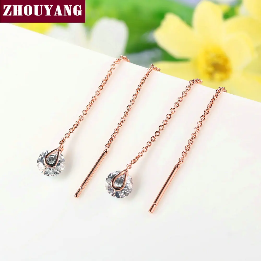 Женские серьги цепочки ZHOUYANG 6 мм фианит длина 11 см розовое золото модные