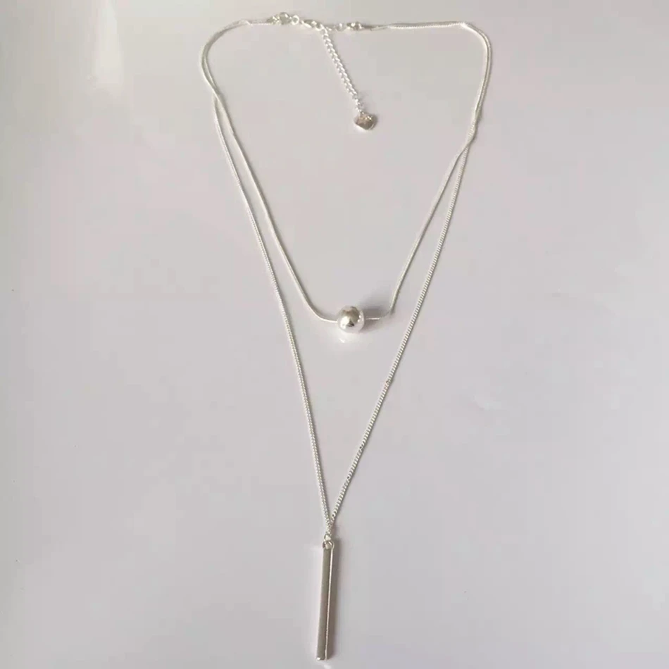 

Free Shipping Silver Ball Pendant Necklace, Two Layer Alloy Bar Pendant Necklace