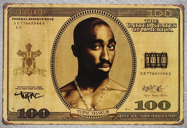 1 шт. Tupac Shakur рэпер певец песни Оловянная пластина для долларов знак стена человек