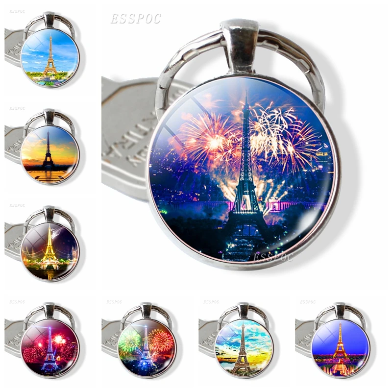 

Romantic Eiffel Tower Pendant Glass Cabochon Silver Metal Key Chain Paris Tour Memorial Keychain Best French Symbol Sign Gift