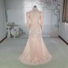 Oumeiya ORE185 Real Pictures With Hijab Ivory and Pink Two Color High Neck Long Sleeve Mermaid Muslim Evening Dress 2016